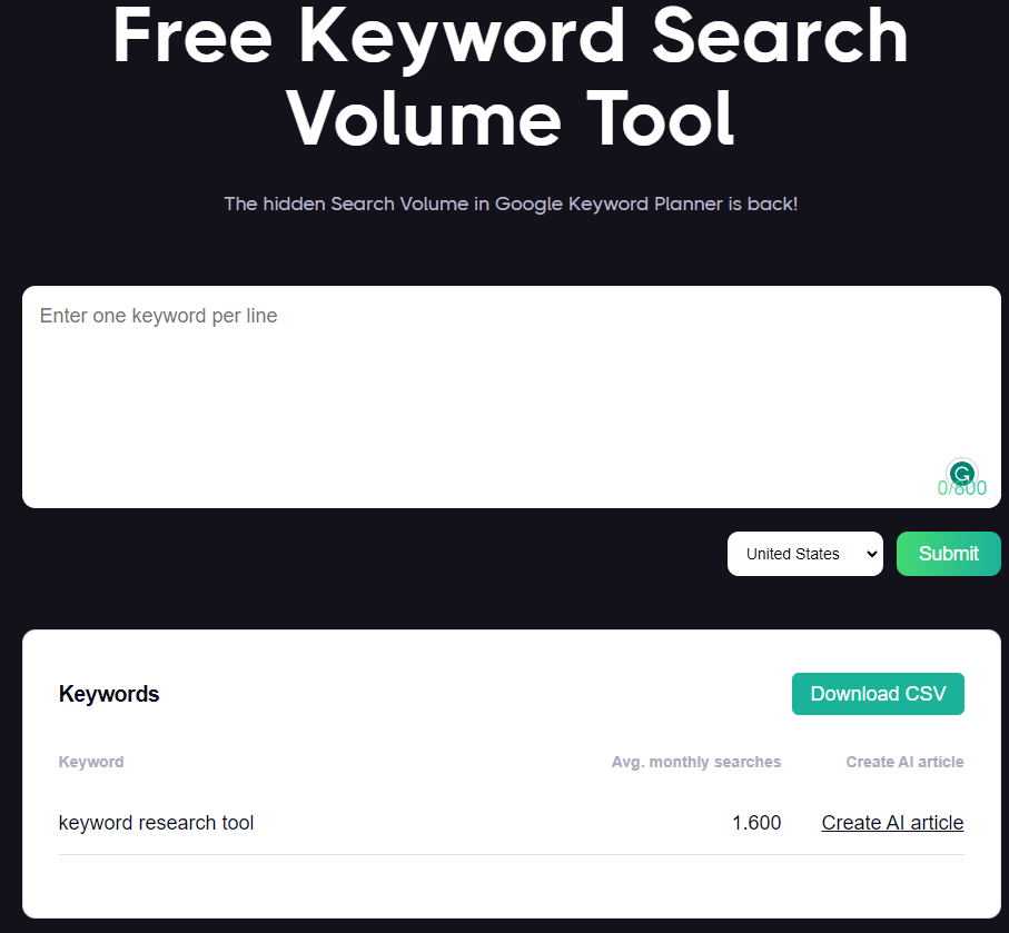 search volume keyword search volume tool