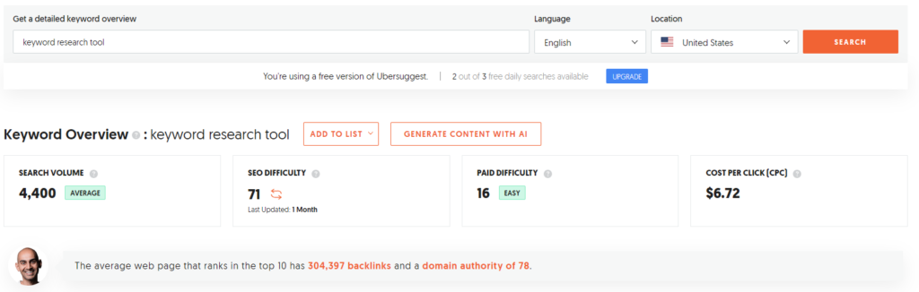 Ubersuggest keyword research tool